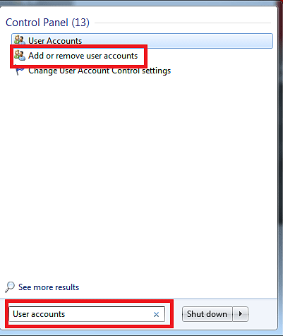 Windows 7 Start Search Box, User Accounts, Add or Remove